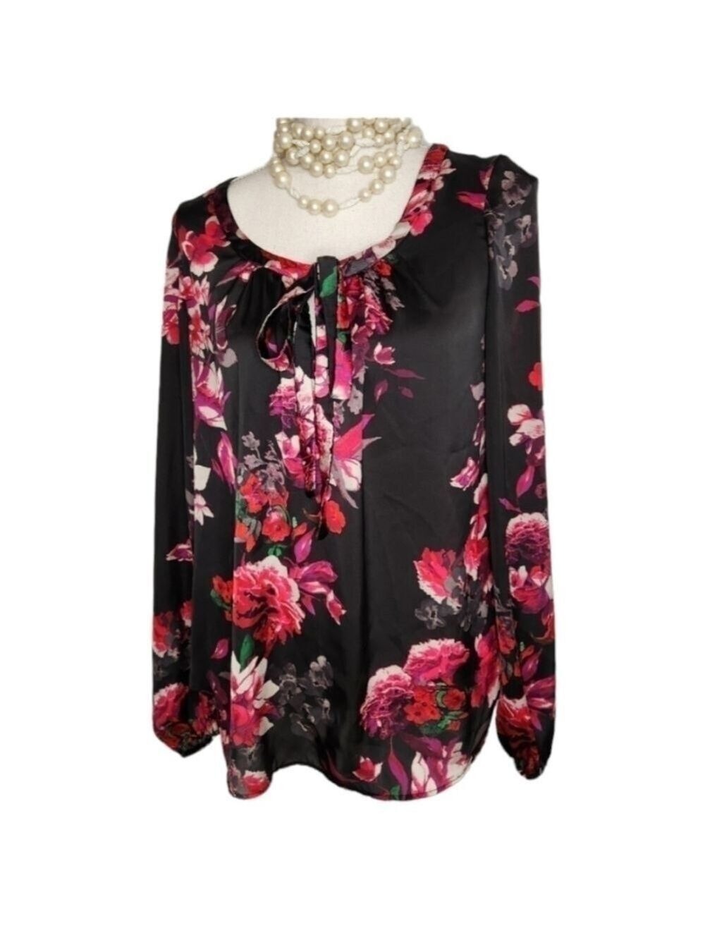 KIRNA ZABETE Blouse Sz: M Black Pink Floral Satin Long Sleeves Neck Tie